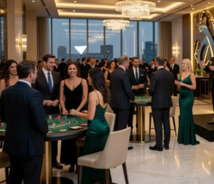 Vállalati kaszinó ihlette este, elegáns irodai vagy hotel helyszínen, kollégák társasági játék közben.
