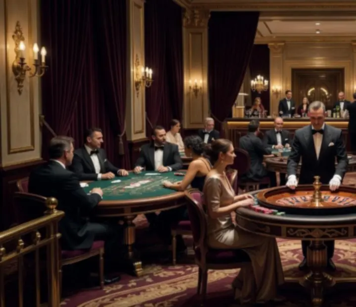 Elegánsan megvilágított kaszinó-tematikájú rendezvényterem póker, rulett és blackjack asztalokkal.