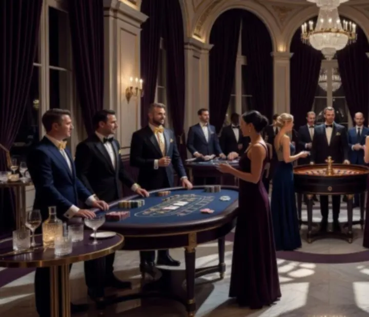 Elegáns budapesti hotel belső tere kaszinó ihletésű rendezvényhez, póker és rulett asztalokkal, hangulatos fényekkel.