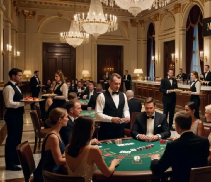 Rulett és blackjack asztalok fényekkel megvilágítva.