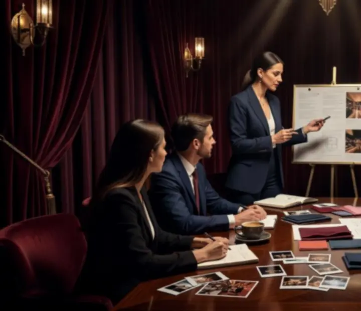 Elegánsan megvilágított casino-inspirált rendezvényterem, asztalokkal és prémium hangulattal