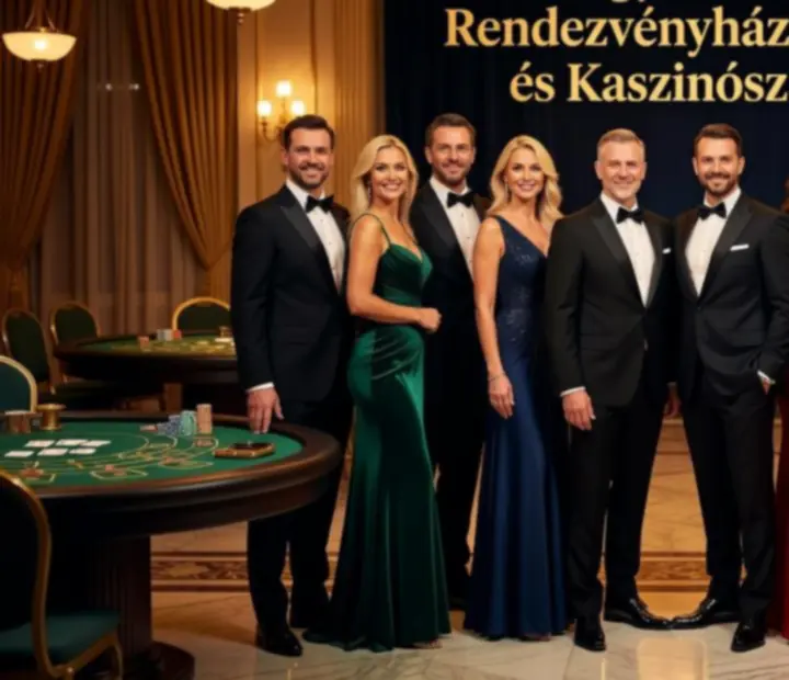 Mosolygó, elegáns műsorvezetők kaszinó-tematikájú eseményen.