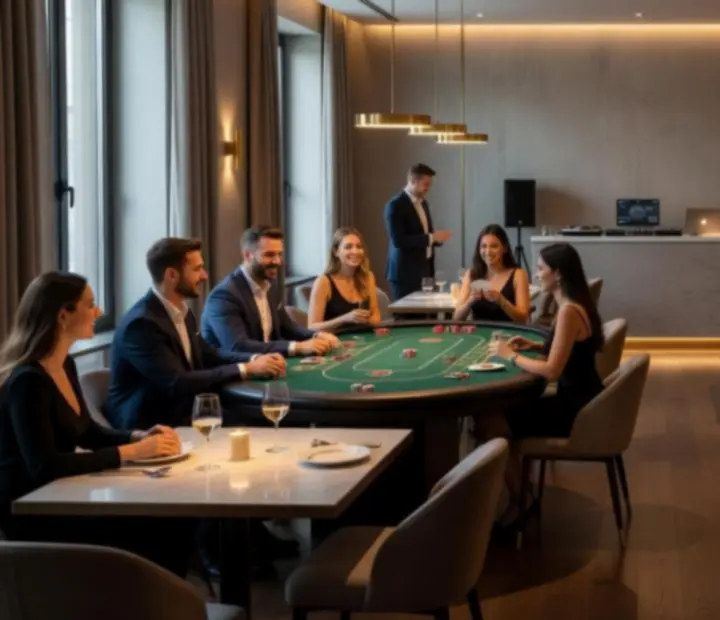 Design étterem privát terme kaszinó ihletésű születésnapi dekorációval, póker és rulett asztallal.