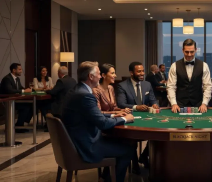 Tematikus blackjack est elegáns kaszinó ihlette dekorációval és társasági hangulattal
