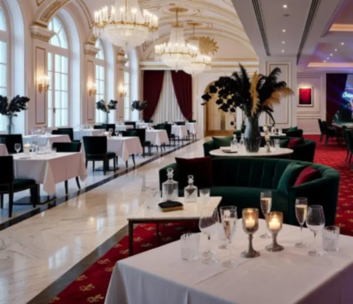 Eseményhelyszín átalakulása: nappali konferenciatérből esti kaszinó-ihletésű lounge tér elegáns asztalokkal és fényekkel.